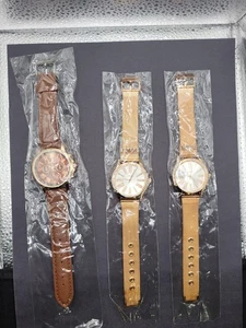 Women's Gold Tone Mesh & Brown Faux Leather Strap Watch Set Of 3 - Picture 1 of 13