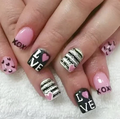 Short Squoval Romantic Pink and Black Heartfelt Design Acrylic Nail Set  - Image 1 of 4
