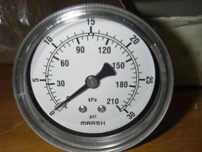 New: MARSH  2-1/2" Air Pressure Gauge 30psi & kpa. 1/4 NPT. Brass.  Made in USA. - Image 1 of 3