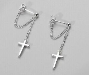 Beautiful Cross Dangle Chain Earrings 925 Sterling Silver Women's Girls Jewelry