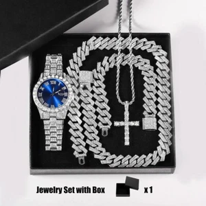 Juego Reloj Cuarzo Caja Regalo Collar Cubano Pulsera Cruz Clásico Completo Diamante - Imagen 1 de 12