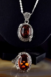 Set colgante de plata 925 cadena y anillo 20,0 mm ámbar - hermoso y elegante - Imagen 1 de 13