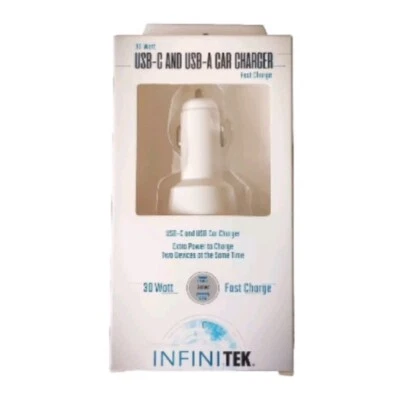 Infinitek Car Charger USB-C & USB-A 30 Watt Dual Port Fast Charge White New C A - Image 1 of 4