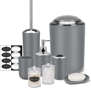 IMAVO Bathroom Accessory Set 8 Pcs Grey with Trash Can, Toilet Brush Holder - Picture 1 of 7