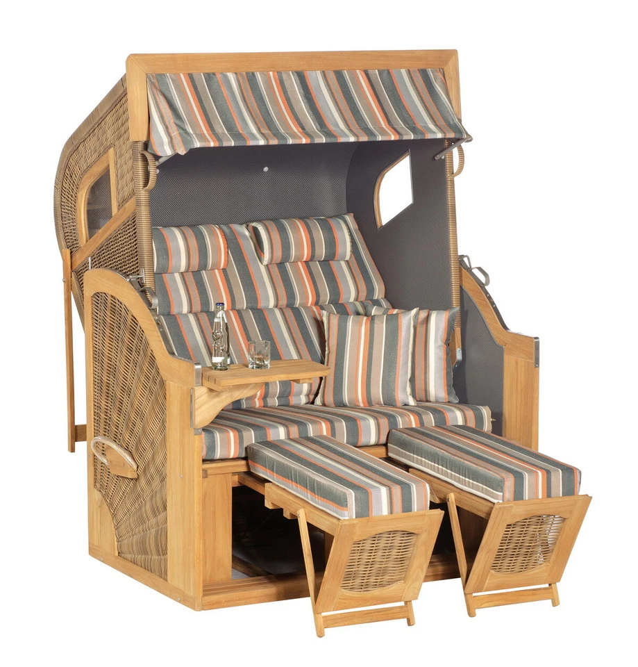 Strandkorb 3/4-Liegemodell Rustikal 405Z XL TEAK seitliche Fenster Stoff 1235 - Bild 1 von 1