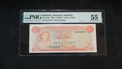 RARE 1968 BAHAMAS MONETARY AUTH PMG AU55 Five Dollar Note $5 Bill BUY IT NOW! - Image 1 of 4