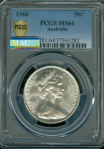 1966 SILVER AUSTRALIA 50 CENTS PCGS MS64 MAC SPOTLESS . - Picture 1 of 2