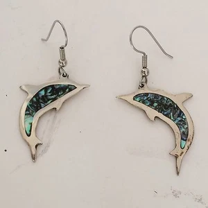 TAXCO, MEXICO STERLING SILVER TURQUOISE DOLPHIN EARRINGS (J331) Great Buy!!! - Picture 1 of 2