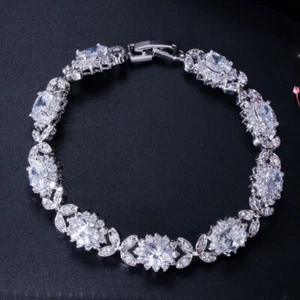 New Flower Shinny Oval White Topaz Gemstone Luxury Women Girls Silver Bracelets - Picture 1 of 13