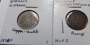 GERMANY: 1876F 10 PFENNIG & 1924J 2 RENTENPFENNIG coins!! - Picture 1 of 4