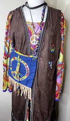 Women's Hippie Costume XL Size Adult Peace Love 60's Maxi Dress + Accessories - Image 1 of 4