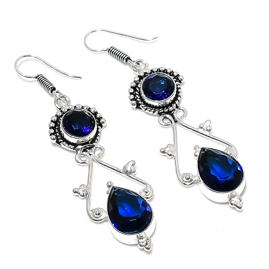 Pendiente de joyería de plata de ley 925 hecho a mano con piedras preciosas de tanzanita azul tamaño 2,50" Foto 1 de 1