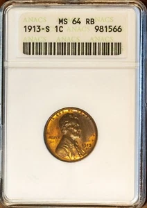 1913-S 1c Lincoln ANACS MS 64 RB # 981566 Older White Holder + Bonus - Picture 1 of 2