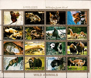 UAE, AJMAN STATE & ITS DEPENDENCIES 1973 WILDLIFE ANIMALS SHEET 16 STAMPS CTO LH - Picture 1 of 19