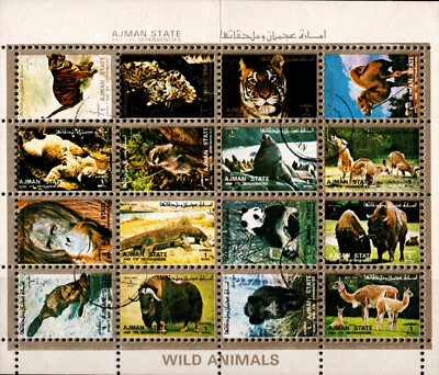 UAE, AJMAN STATE & ITS DEPENDENCIES 1973 WILDLIFE ANIMALS SHEET 16 STAMPS CTO LH - Image 1 of 4