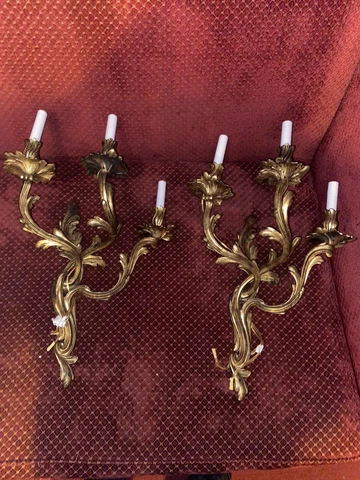 Antique Sconces Gold Plated Bronze  Rococo Style Pair Large Heavy Cover