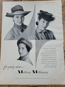 1948 Mujeres Mallory Millinery Swagger Homberg Boina Sombrero Gorra Vintage Moda Anuncio - Imagen 1 de 1