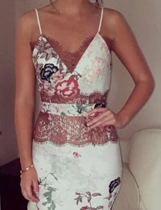 NEXT White Floral Mocha Lace DRESS Size UK 10 Aus 12 Wedding Cocktail Baddie - Picture 1 of 7