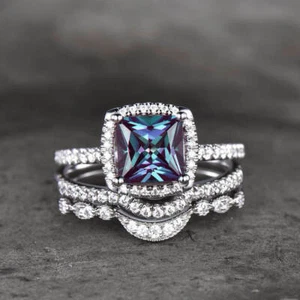 3Ct Princess Created Alexandrite Trio Set Engagement Ring 14K White Gold Plated - Picture 1 of 5