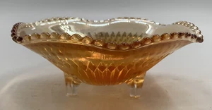 Vtg Carnival Glass Candy Dish Amber Three Footed Beaded Rim Diamond Pointed Ribs - Picture 1 of 6