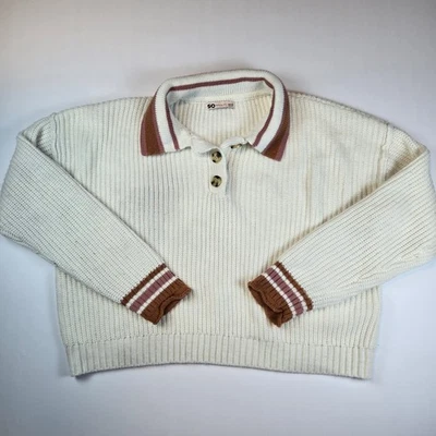 Y2k SO Sweater Cream Knit Brown Pink Striped Collar Womens Large Preppy Academia - Image 1 of 4