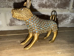 Antique Nepalese Tibetan Brass Foo Dog Inlayed Turquoise Glass Eye - Picture 1 of 7