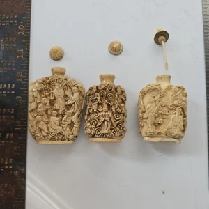 VTG Antique Chinese Carved Resin Snuff Bottles LOT Of 3 Ornate Beige Figurines - Picture 1 of 4
