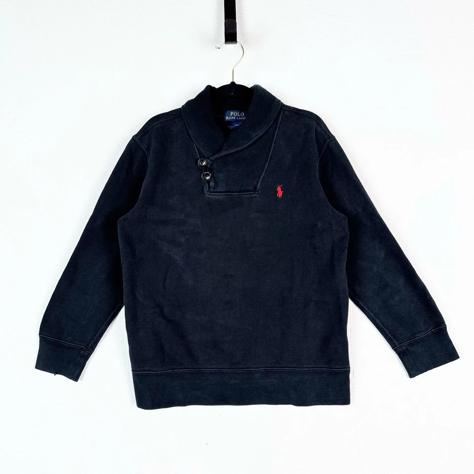 Suéter Vintage Polo Ralph Lauren Niños Cuello Chal Talla Pequeña 8 Negro Lux Suave Foto 1 de 4