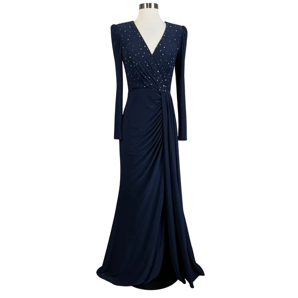 Vince Camuto Women's Formal Dress Size 4 Blue Beaded Long Sleeve Evening Gown - Image 1 of 4