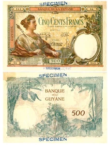 u Reproduktion Schein Französisch Guayana 500 Francs 1938-1940 SPECIMEN Pick #9 1948R - Bild 1 von 1
