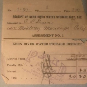 Quittung 1924 - Maricopa CA - Kern River Water Storage District Tax - Ephemera - Bild 1 von 4