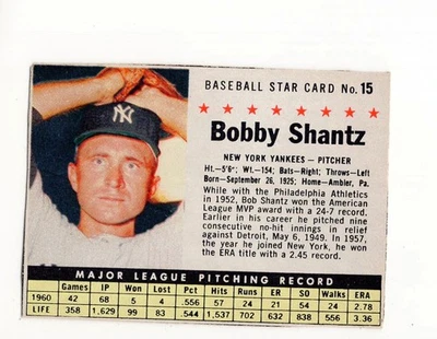 1961 Post Cereal Bobby Shantz #15 New York Yankees Free Shipping - Image 1 of 2