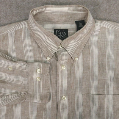 Jos A Bank Traveler Shirt Mens Large Linen Beige Plaid Long Sleeve Button Down - Image 1 of 4