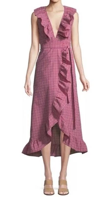 Anthropologie Misa LA Wrap Dress M Womens Red Maxi Ruffle Gingham Plaid Stretch - Image 1 of 4