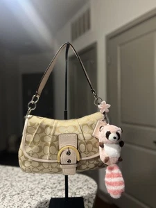 Y2K Coach Cream Pink & Tan Large Soho Shoulder Bag In Signature C - Picture 1 of 10