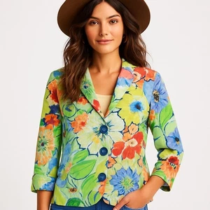 Vintage bemalte Pony Jacke Damen XS blau Blumen Knopf V-Ausschnitt Baumwolle USA - Bild 1 von 11