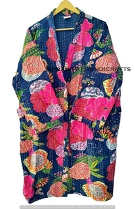 Indian Tropicana Blue Hippie Kantha Quilted Jacket Front Open Wear Mid-length - Picture 1 of 6