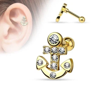 Cartilage/Tragus Ear w/Anchor 10mm w/Clear Gems Gold 16 Gauge 1/4" * - Picture 1 of 3