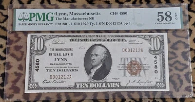 1929 LYNN MA Ch#4580 Scarce, Low Pop! $10 National Bank Note - Fresh PMG58 EPQ - Image 1 of 2