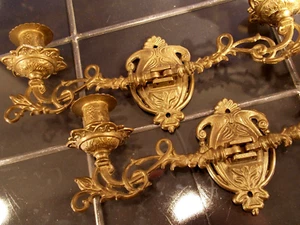 2 antike Klavierkerzenhalter Jugendstil Messing gold Doppelkerzenhalter Wand - Bild 1 von 6