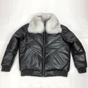 Men's Leather V-Bomber Jacket with Fox Fur Collar Bubble Black Real Leather Coat - Picture 1 of 11