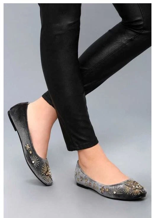 Naughty Monkey Labonge Gray Velvet Star Rhinestone Embroidery Jeweled Flats 6 - Image 1 of 4