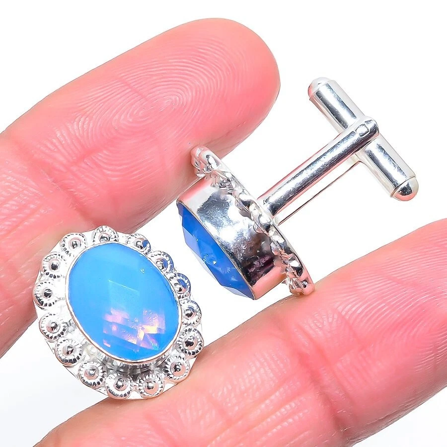 Gemelos de joyería de plata de ley 925 hechos a mano con piedras preciosas de topacio azul lechoso Foto 1 de 1