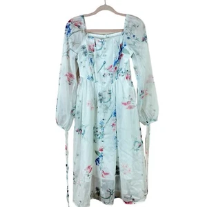 REGENCY STYLE womens XS white blue floral long tie sleeve midi dress w/ pockets - Picture 1 of 4