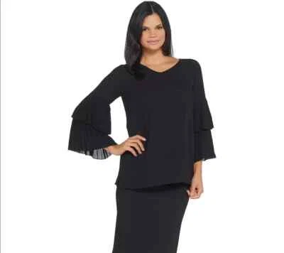 Top Joan Rivers Cuello en V con Mangas Plisadas - Negro - Plus 28 - NUEVO - A309574 Foto 1 de 2
