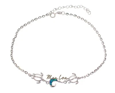 925 Sterling Silver Hawaiian Fish Hook Honu Turtle Blue Opal Anklet 8.5" + 2" - Image 1 of 3