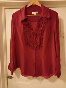 Coldwater Creek Women's Red 100% Silk Button Up Blouse/Shirt/Ruffles Size XL-18 - Picture 1 of 15