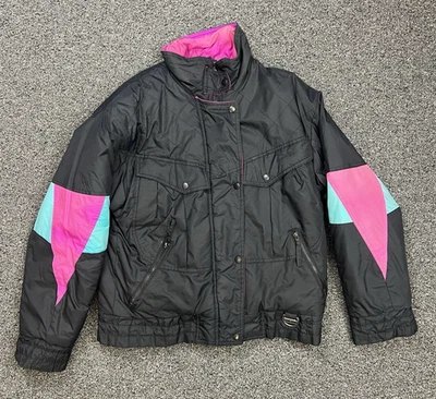 Vintage 80s 90s Color Block Ski Jacket Hot Music Purple Teal Black Large coat - Image 1 of 4