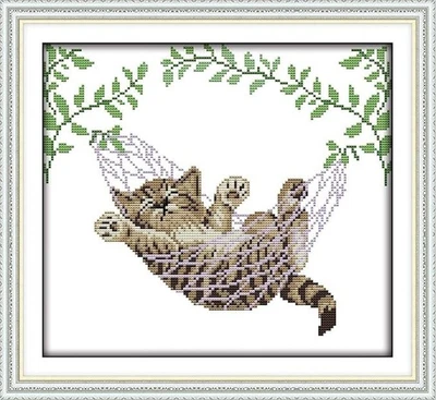 Punto de cruz estampado Happy Forever 11CT, DA061 gato en cesta, tamaño 14""x13"" Foto 1 de 4