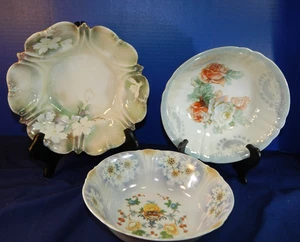 Antique Vintage 3 Mix Serving Bowls Floral Scallop VGC Hand painted 10.5" - Picture 1 of 9